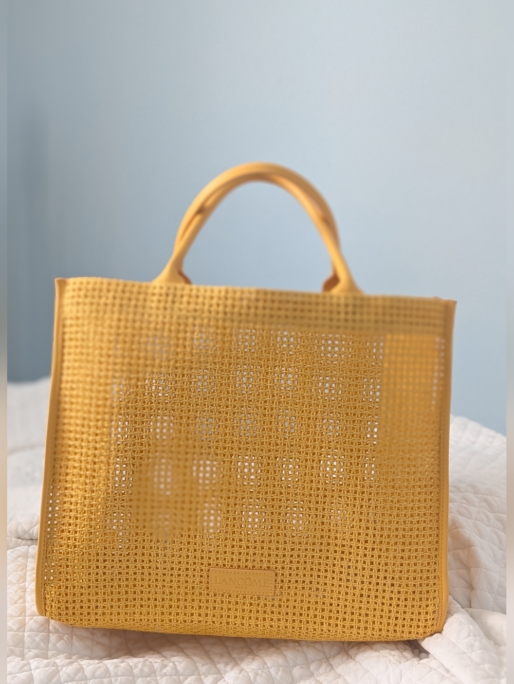 LANCOME Yellow Straw Tote Bag - Structured Top-Handle Beach Tote